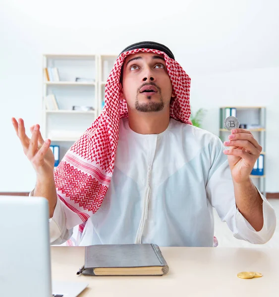 Arab man with bitcoin in cryptocurrency mining concept — Stock Photo, Image