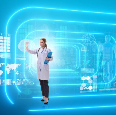 Teletıp fütüristik konseptinde kadın doktor.
