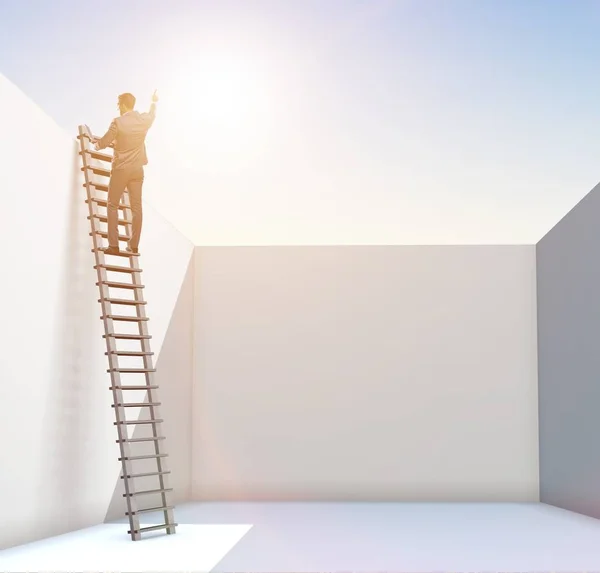 Zakenman klimt op een ladder om te ontsnappen aan problemen — Stockfoto