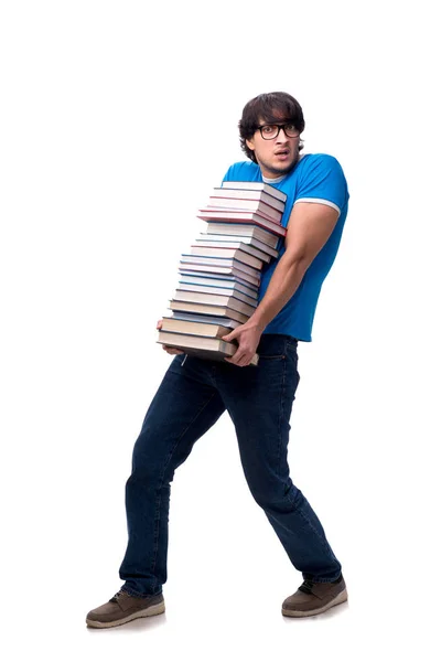 Männlicher Student mit vielen Büchern isoliert auf weiß — Stockfoto