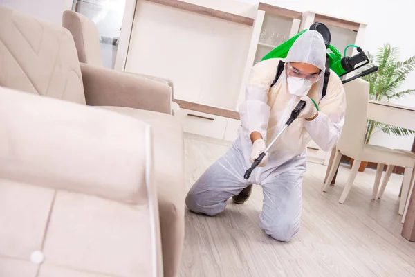Pest kontrollentreprenör arbetar i lägenheten — Stockfoto