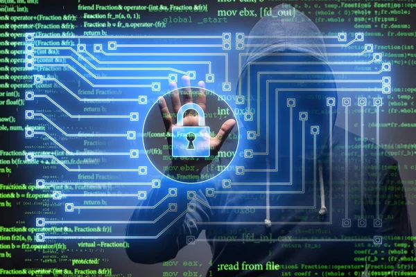 Jovem hacker no conceito de segurança cibernética — Fotografia de Stock