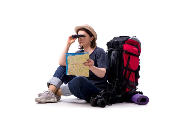 Turista femenina envejecida aislada en blanco — Foto de Stock