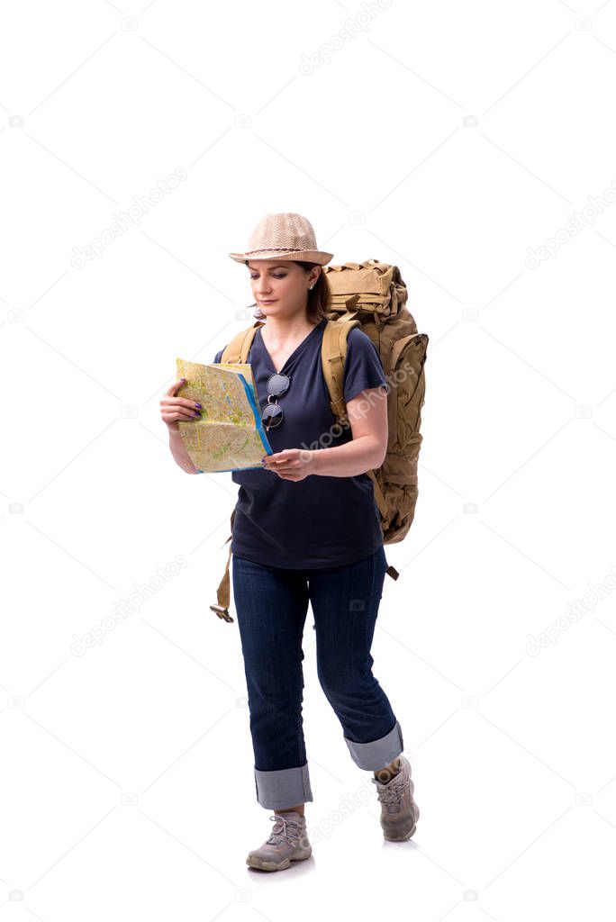 Aged female tourist isolated on white