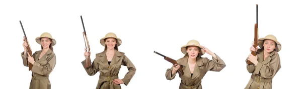 Vrouw met safari hoed op wit — Stockfoto