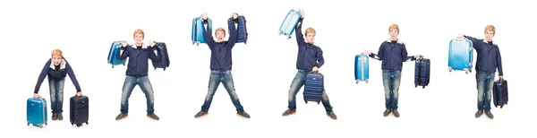 Uomo divertente con bagagli su bianco — Foto Stock