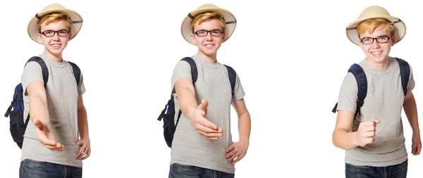 Young boy in cork helmet with backpack — Stock Photo, Image