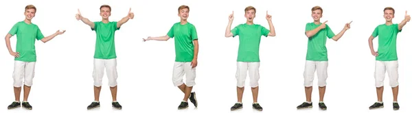 Fiatal fiú elszigetelt fehér zöld t-shirt — Stock Fotó
