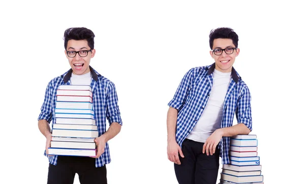 Student with lots of books on white — Stock Photo, Image