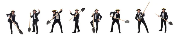 Piraten zakenman houdt spade geïsoleerd op wit — Stockfoto