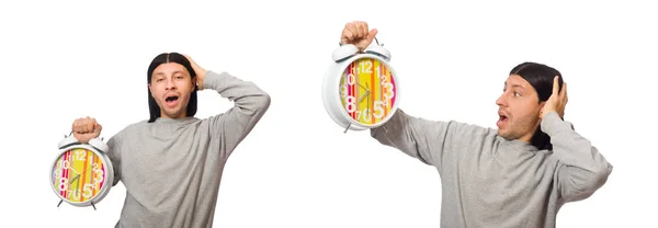 Hombre divertido con reloj aislado en blanco — Foto de Stock