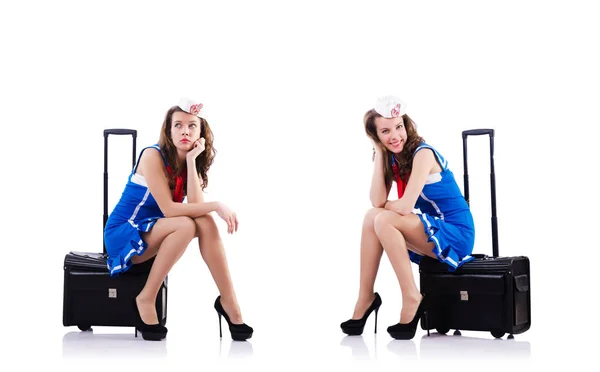 Marinaio donna con valigia su bianco — Foto Stock