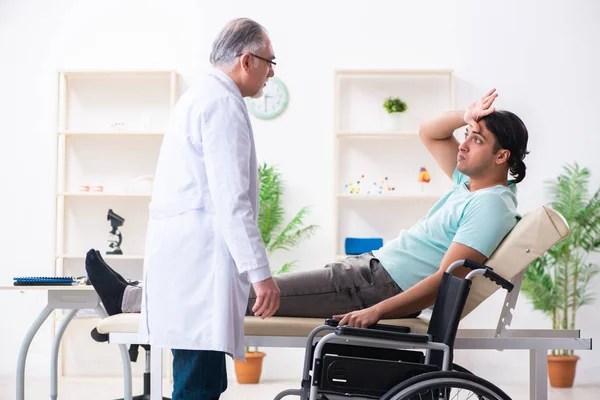 Male patient in wheel-chair visiting old doctor