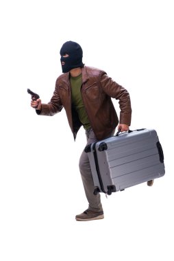 Kar maskesi takan soyguncu beyaz arka planda izole edilmiş.