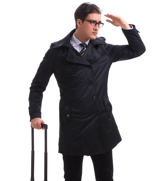Den unge affärsmannen med resväska redo för affärsresa på w — Stockfoto