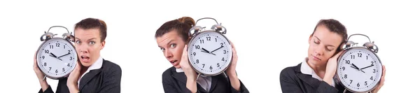 Mujer con reloj gigante en blanco — Foto de Stock