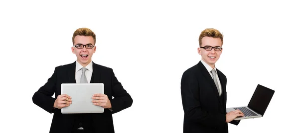 Νεαρός επιχειρηματίας με φορητό υπολογιστή απομονωμένο σε λευκό — Φωτογραφία Αρχείου