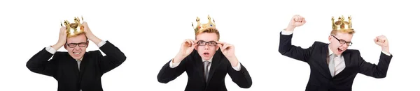 Young businessman with crown isolated on white — Stock Photo, Image