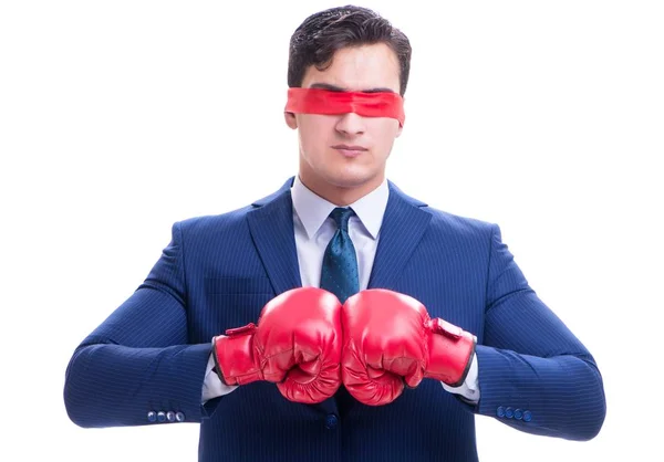 Abogado con los ojos vendados usando guantes de boxeo aislados en blanco —  Fotos de Stock