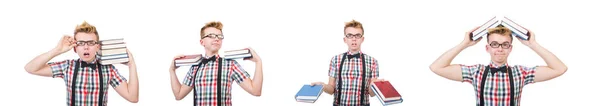 Estudiante divertido con pila de libros — Foto de Stock