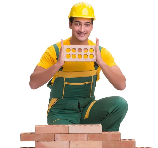 El trabajador de la construcción guapo edificio muro de ladrillo —  Fotos de Stock