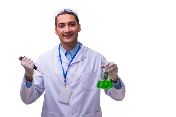 Νεαρός άνδρας χημικός απομονωμένος σε λευκό — Φωτογραφία Αρχείου