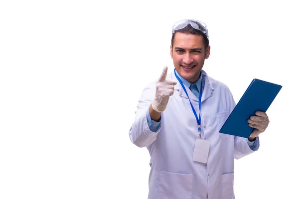 Молодой врач с заметками, изолированными на белом — стоковое фото
