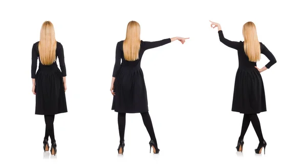 Женщина в длинном черном платье изолирована на белом — стоковое фото