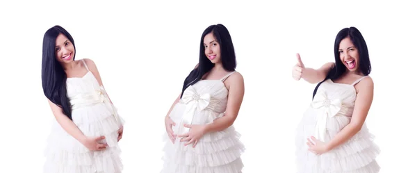 Zwangere vrouw in trouwjurk op wit — Stockfoto
