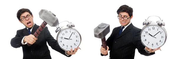 Affärsman som håller hammare och väckarklocka isolerad på vit — Stockfoto