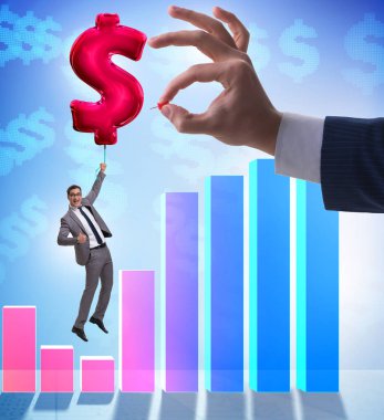 Dolar işareti üzerinde uçan bir iş adamı. Finansal olarak şişirilebilir balon.