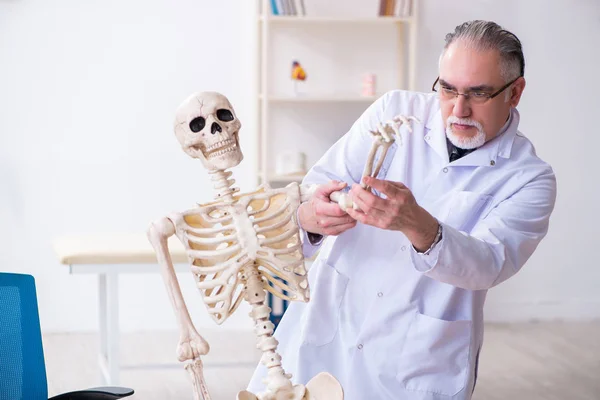 Åldrad manlig läkare med skelett — Stockfoto