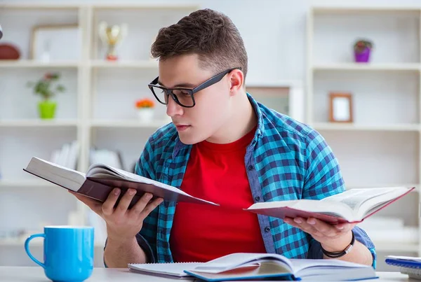 Jeune adolescent se préparant pour les examens étudiant à un bureau à l'intérieur — Photo