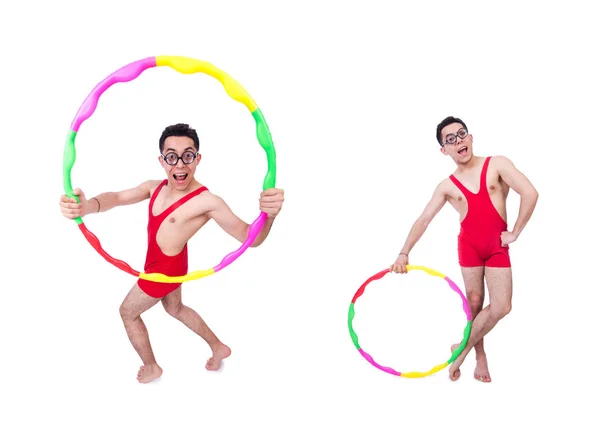 Divertente sportivo con hula hoop su bianco — Foto Stock