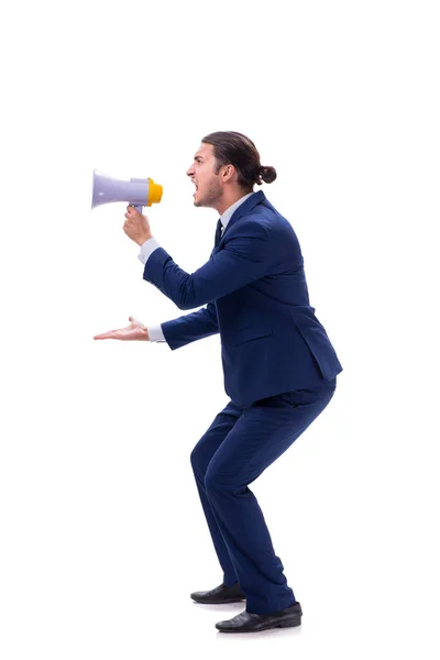 Jovem empresário com alto-falante isolado em branco — Fotografia de Stock