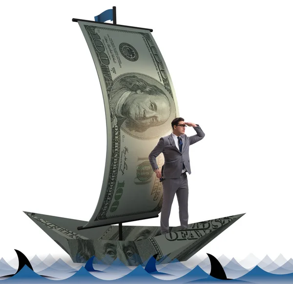 Zakenman roeien op dollarboot in business financieel concept — Stockfoto