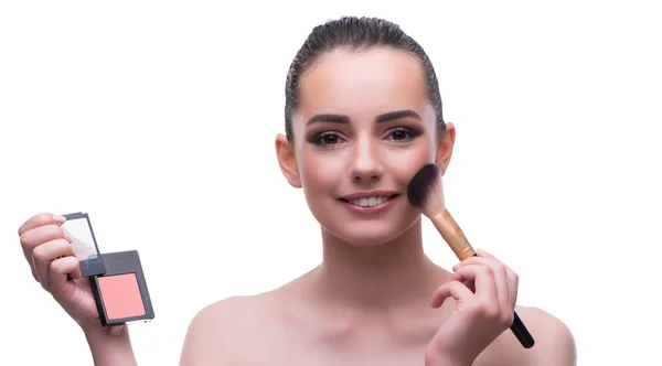 Mulher em conceito de beleza aplicando maquiagem usando cosméticos — Fotografia de Stock