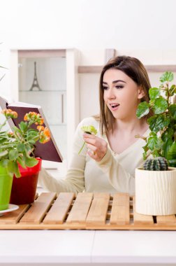 Evin içinde bitkileri olan genç bayan bahçıvan.