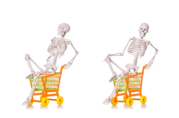 Skeleton with shopping cart trolley isolated on white — Stock Photo, Image