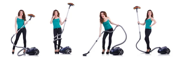 Young woman with vacuum cleaner on white — Stock Photo, Image