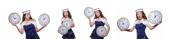 水手与孤立在白色的时钟 — 图库照片