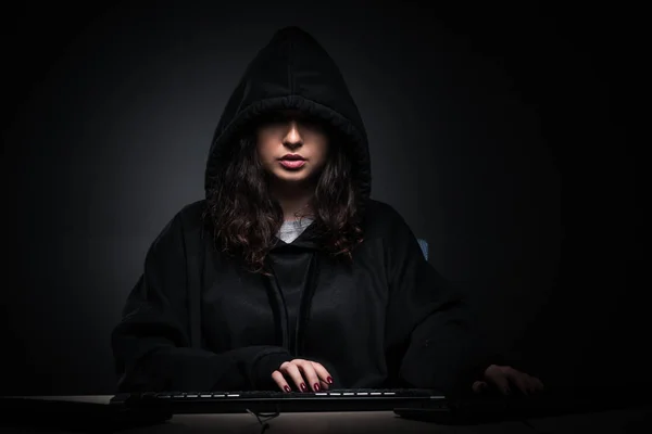Femme pirate piratage pare-feu de sécurité tard dans le bureau — Photo
