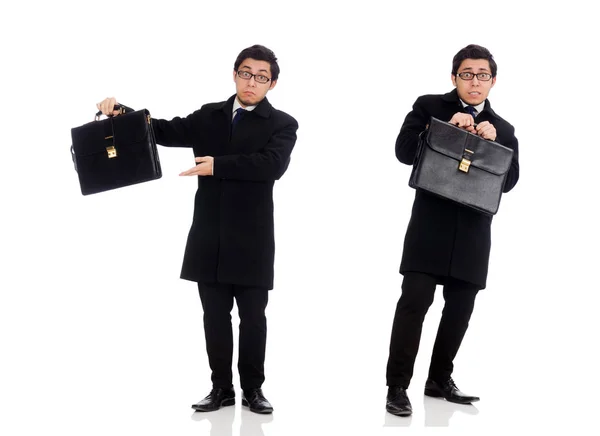 Young man holding suitcase isolated on white — Stock Photo, Image