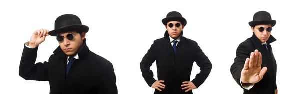 Uomo con cappotto nero isolato su bianco — Foto Stock