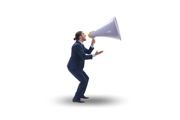 Businessman shouting through large loudspeaker — Stock Photo, Image