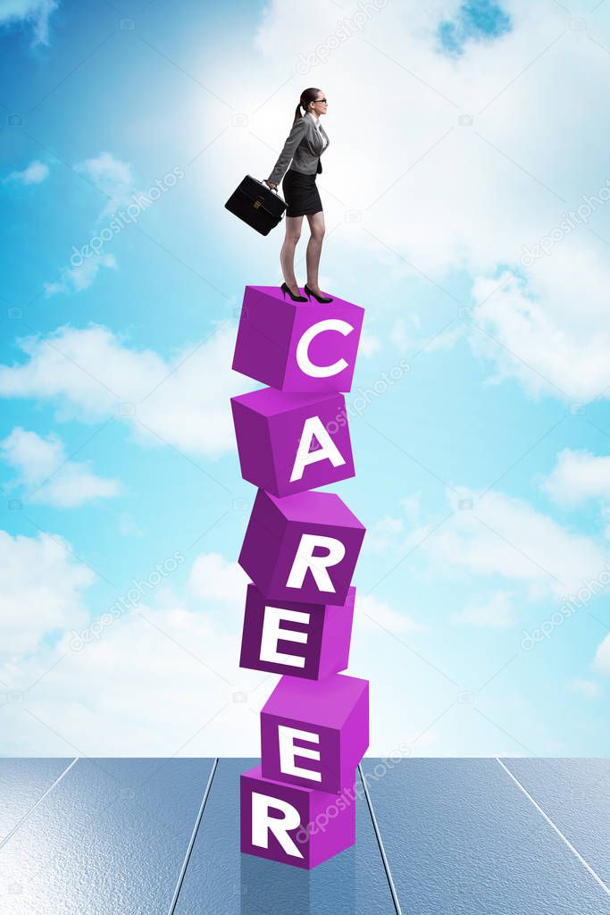 Career concept with businesswoman on top of blocks