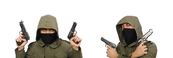 Человек в маске в криминальной концепции на белом