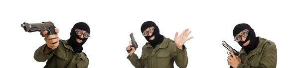 Смешной человек в балаклаве изолирован на белом
