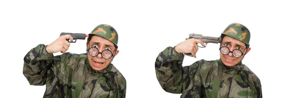 Militar con un arma aislada en blanco — Foto de Stock
