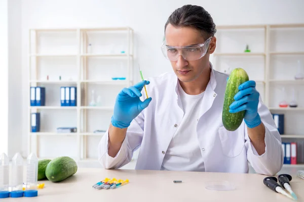 Experto en nutrición masculina prueba de verduras en laboratorio — Foto de Stock